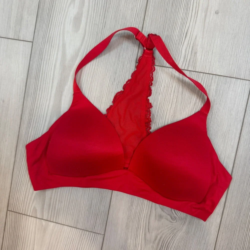 Aerie Real‎ Sunnie Wireless Bra Red Lace Racerback 34B Floral Back Detail